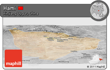 Satellite Panoramic Map of Hami, desaturated