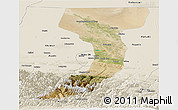 Satellite Panoramic Map of Manas, shaded relief outside