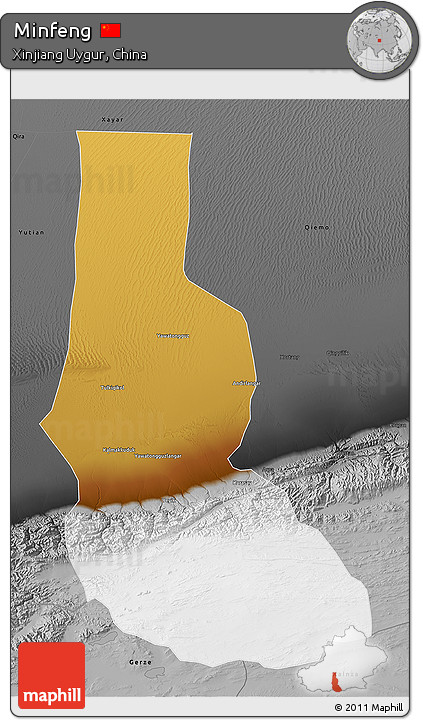 Physical 3D Map of Minfeng, darken, desaturated
