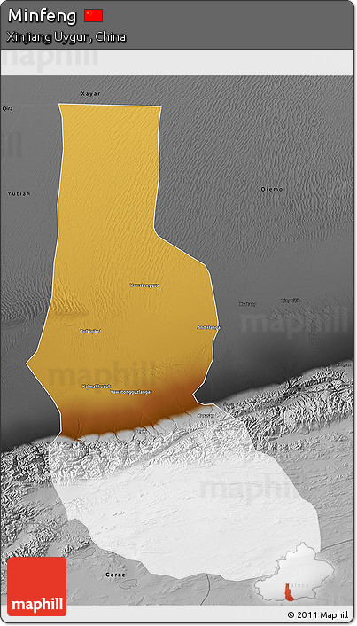 Physical 3D Map of Minfeng, darken, desaturated