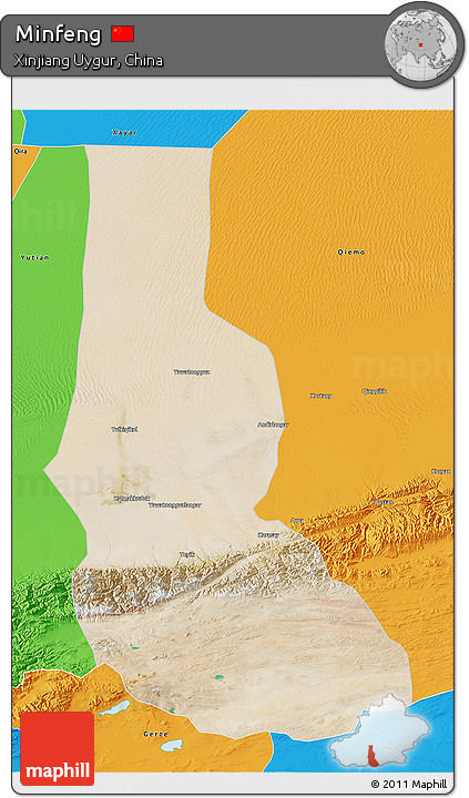 Satellite 3D Map of Minfeng, political outside