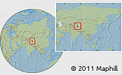 Savanna Style Location Map of Minfeng, within the entire country, hill shading