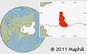 Savanna Style Location Map of Minfeng, highlighted country, hill shading