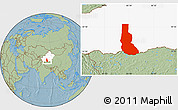 Savanna Style Location Map of Minfeng, highlighted parent region, hill shading