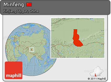Savanna Style Location Map of Minfeng, hill shading