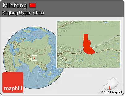 Savanna Style Location Map of Minfeng, hill shading