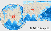 Shaded Relief Location Map of Minfeng, within the entire country