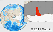 Shaded Relief Location Map of Minfeng, highlighted country, highlighted parent region