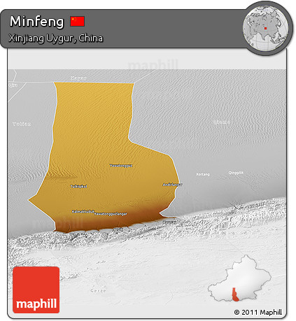 Physical Panoramic Map of Minfeng, lighten, desaturated