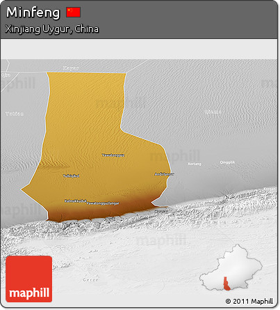 Physical Panoramic Map of Minfeng, lighten, desaturated