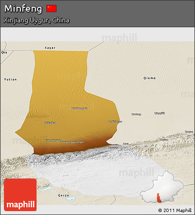 Physical Panoramic Map of Minfeng, shaded relief outside