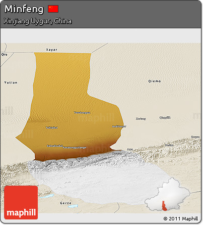 Physical Panoramic Map of Minfeng, shaded relief outside