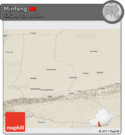 Shaded Relief Panoramic Map of Minfeng