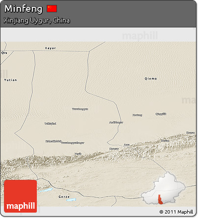 Shaded Relief Panoramic Map of Minfeng