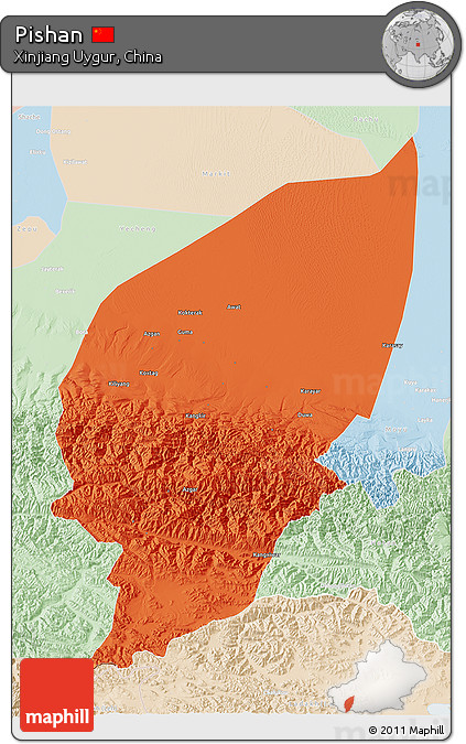 Political 3D Map of Pishan, lighten