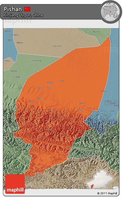 Political 3D Map of Pishan, semi-desaturated