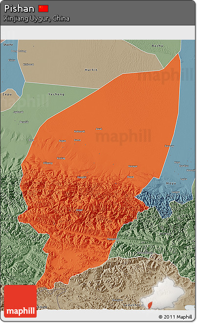 Political 3D Map of Pishan, semi-desaturated