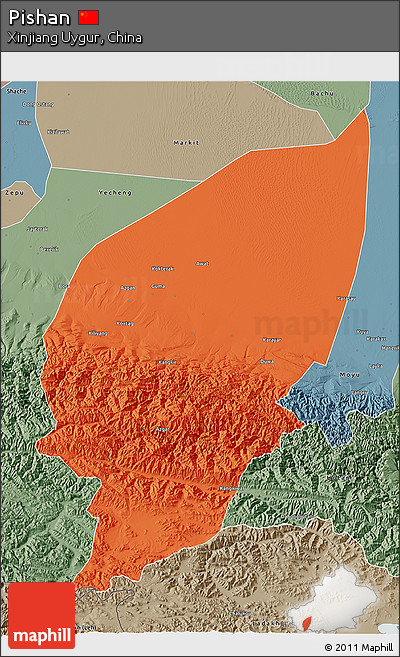 Political 3D Map of Pishan, semi-desaturated