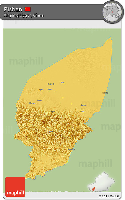 Savanna Style 3D Map of Pishan, single color outside