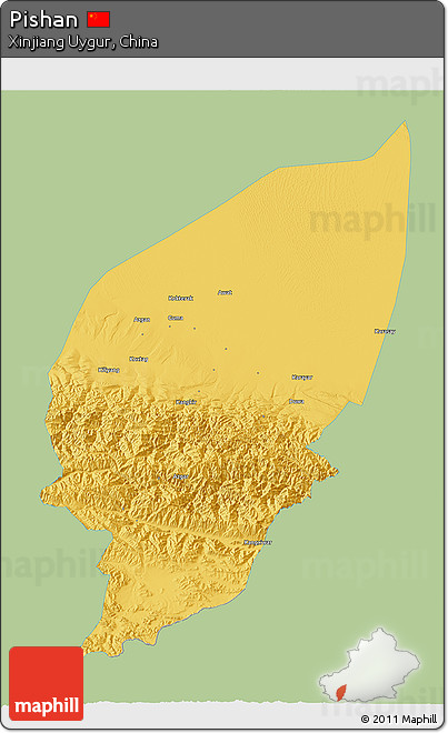 Savanna Style 3D Map of Pishan, single color outside