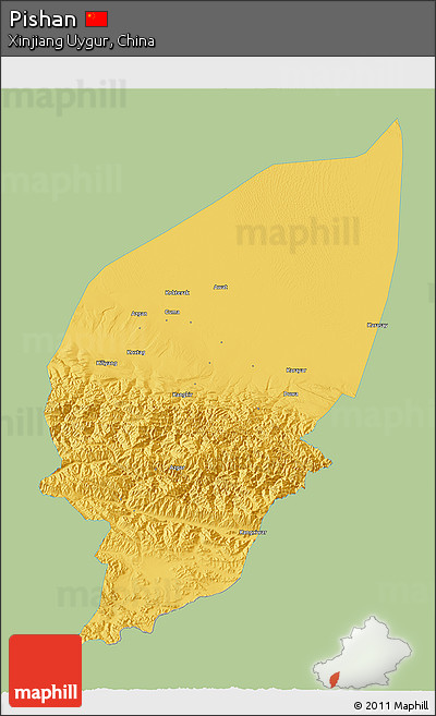 Savanna Style 3D Map of Pishan, single color outside