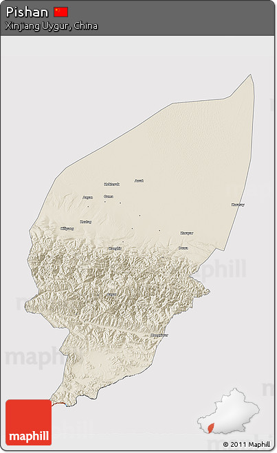 Shaded Relief 3D Map of Pishan, cropped outside