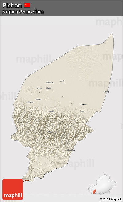 Shaded Relief 3D Map of Pishan, cropped outside