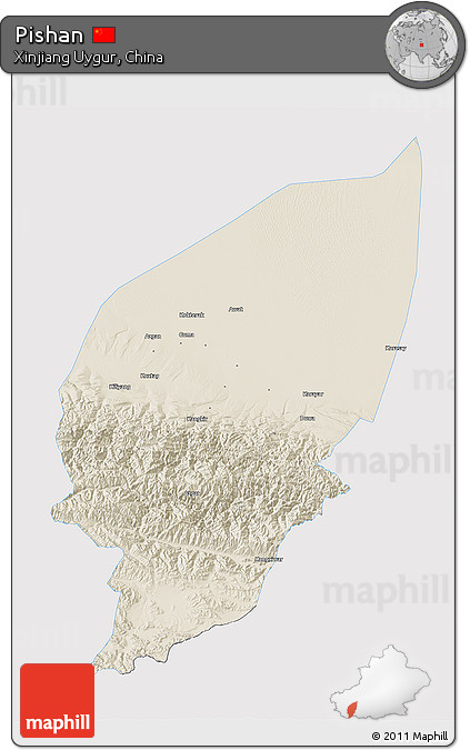 Shaded Relief 3D Map of Pishan, single color outside