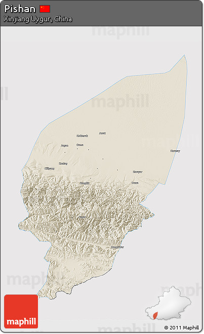 Shaded Relief 3D Map of Pishan, single color outside