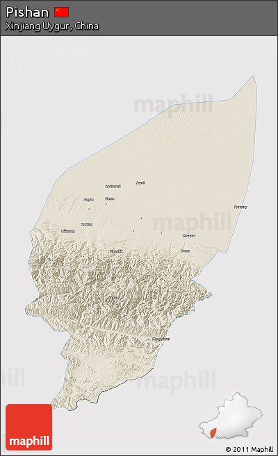 Shaded Relief 3D Map of Pishan, single color outside