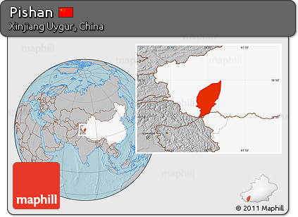 Gray Location Map of Pishan, highlighted country, hill shading