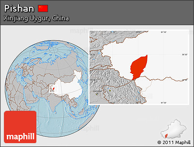 Gray Location Map of Pishan, highlighted country, hill shading