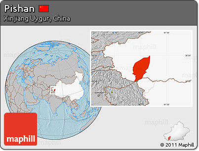Gray Location Map of Pishan, highlighted country, hill shading