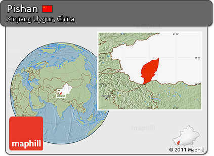 Savanna Style Location Map of Pishan, highlighted parent region, hill shading