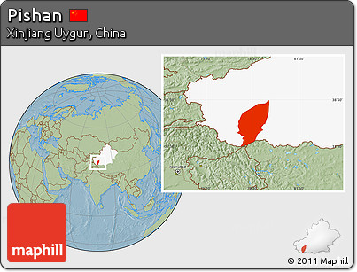 Savanna Style Location Map of Pishan, highlighted parent region, hill shading