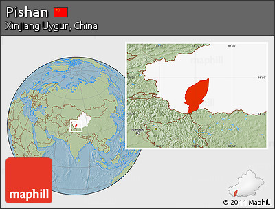 Savanna Style Location Map of Pishan, highlighted parent region, hill shading