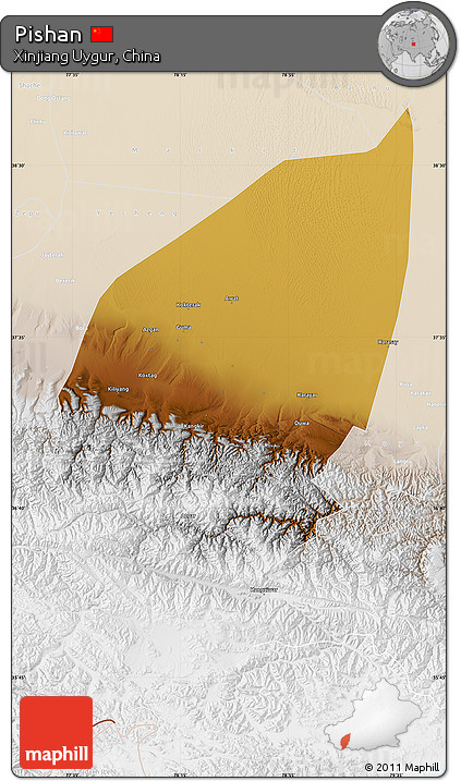 Physical Map of Pishan, lighten