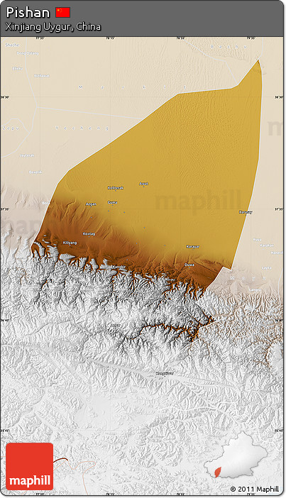 Physical Map of Pishan, lighten