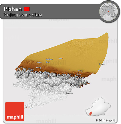 Physical Panoramic Map of Pishan, cropped outside