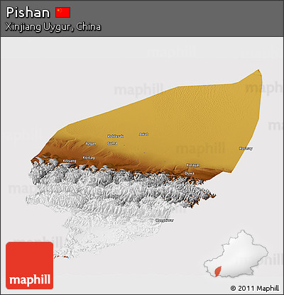 Physical Panoramic Map of Pishan, cropped outside