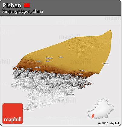 Physical Panoramic Map of Pishan, cropped outside