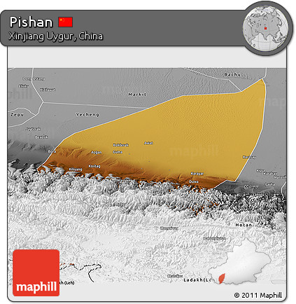 Physical Panoramic Map of Pishan, desaturated