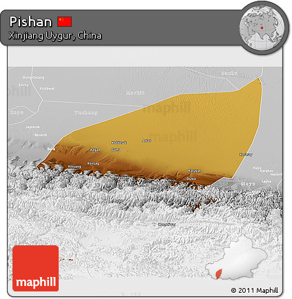 Physical Panoramic Map of Pishan, lighten, desaturated