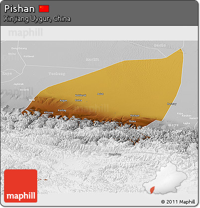 Physical Panoramic Map of Pishan, lighten, desaturated