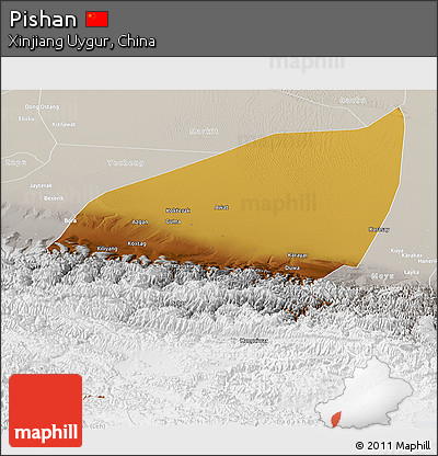 Physical Panoramic Map of Pishan, lighten, semi-desaturated