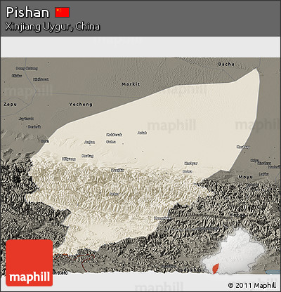 Shaded Relief Panoramic Map of Pishan, darken