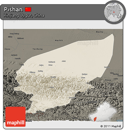 Shaded Relief Panoramic Map of Pishan, darken