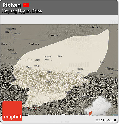 Shaded Relief Panoramic Map of Pishan, darken