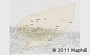 Shaded Relief Panoramic Map of Pishan, lighten, semi-desaturated