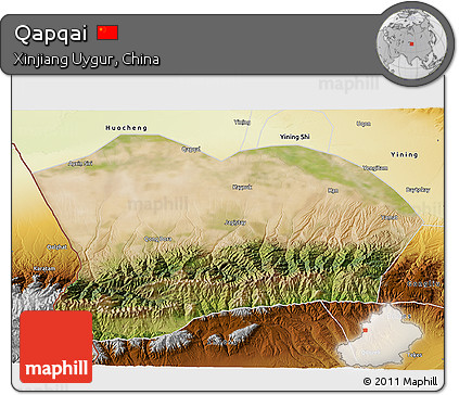 Satellite 3D Map of Qapqai, physical outside